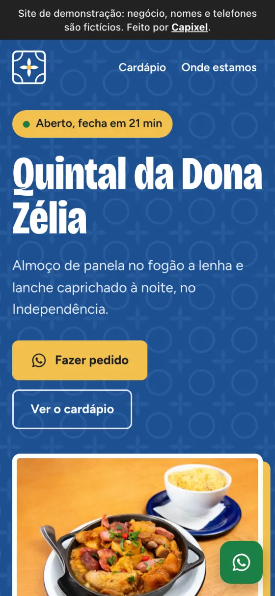 Modelo de site de restaurante aberto num celular