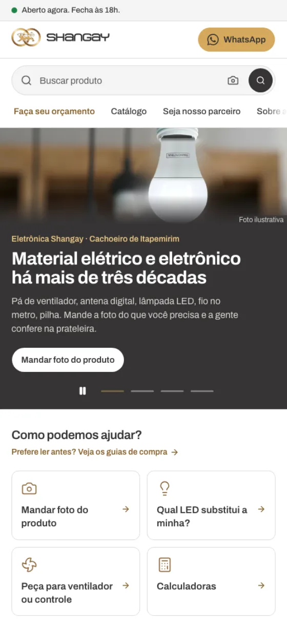 Site da Eletrônica Shangay aberto num celular